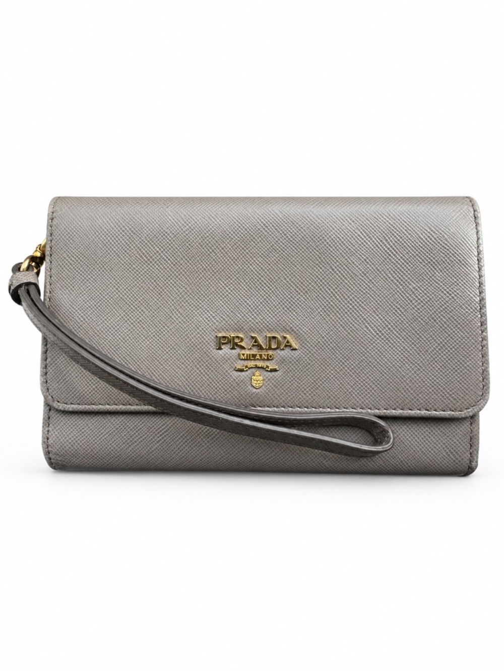 Prada Saffiano Leather Compact Wristlet Wallet Argilla Taupe with Box